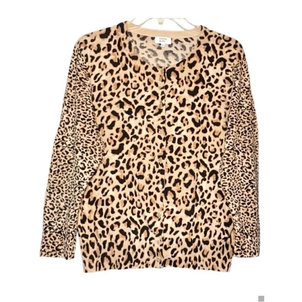 Crown & Ivy Animal Print 3/4 Sleeve Cardigan in Tan/Black Women’s XL